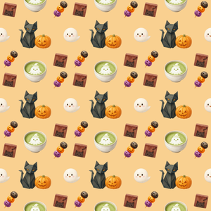 ハロウィン柄シームレスパターン 和菓子 黒猫折り紙&抹茶ラテ デジタルペーパー