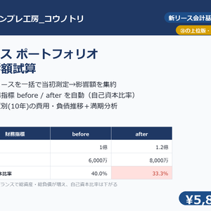 【経理】リース ポートフォリオ影響額試算｜新リース会計基準・全リースを一括で当初測定＋財務指標before/after＋年度別の費用・負債推移＋満期分析（㉘の上位版）
