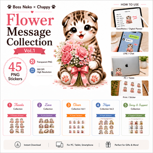 BossNeko Message Collection Vol.1 | 45 PNG Digital Stickers