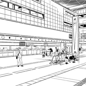 空港の出発ロビー（モブ付き）
