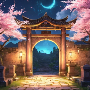 【幻想背景】花嵐の中庭と時の門（横構図／1600×900px）｜アトリエmiaRA