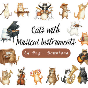 【Catシリーズ】水彩画風－楽器を奏でる猫のクリップアート24点セット│PNG背景透過