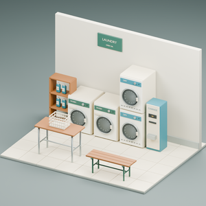 小さなコインランドリーの一角｜3D素材11部品｜FBX・GLB・Blender・Unity