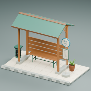田舎の小さなバス待合所｜3D素材8部品｜FBX・GLB・Blender・Unity