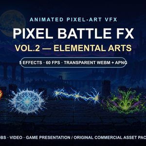【透過アニメ素材】Pixel Battle FX Vol.2 — Elemental Arts｜炎・氷・雷・毒・蘇生 5種／60fps