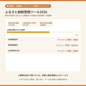 ふるさと納税管理ツール2026｜寄付記録と上限目安の進捗・ワンストップ特例チェックリストを1本で管理【2026年10月制度改正前の駆け込みにも】