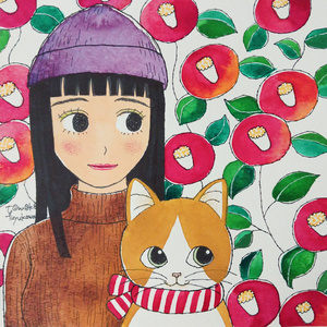 椿と猫と女の子（オリジナルイラスト原画）