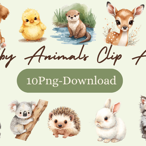 Baby Animals Clip Art｜水彩画風かわいい動物の赤ちゃん10点セット（PNG・背景透過）