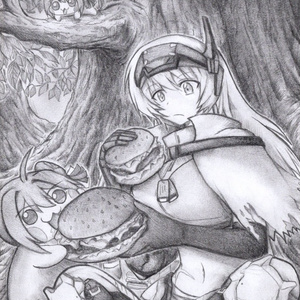 たき火の前でのんびり楽しむDoroとナユタの色紙イラスト 原画