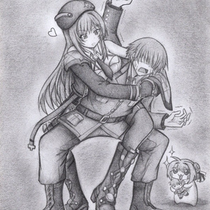 たき火の前でのんびり楽しむDoroとナユタの色紙イラスト 原画