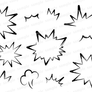 筆・太さにムラのあるペンで描いた風の爆発や驚きのフレーム・装飾セット