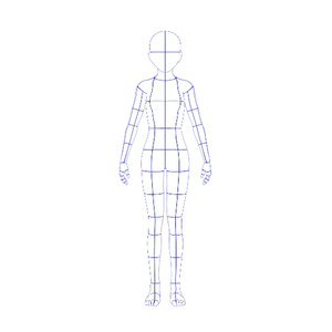 デッサン人形の線画(青色) 女性 160cm 6.5頭身 正面 全身 標準体型 背景透過