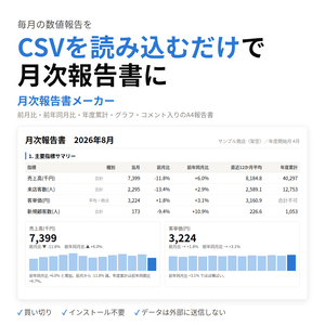 月次報告書メーカー｜CSVを読み込むだけで前月比・前年同月比つきの月次報告書【買い切り／インストール不要】