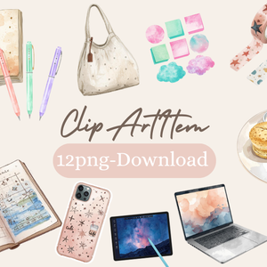 商用利用OK｜②水彩アンティーク風カフェクリップアート（スイーツ・文房具・ノート・PC）PNG12点セット