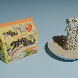 Umakachan Tonkotsu Ramen Set 3D Model | Package + Cooked Ramen | High-Poly FBX