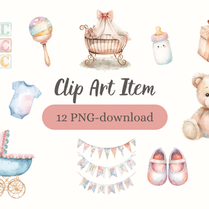 水彩ベビーシャワー クリップアートセット – パステルで可愛い手描き風イラスト（12 PNG）Watercolor Baby Shower Clipart Bundle – Cute Pastel Hand-Painted Set (12 PNG)