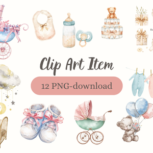 ベビーシャワー 水彩クリップアートセット – 12種類 PNGイラスト｜かわいい手描き風パステルデザイン　Baby Shower Watercolor Clipart Bundle – 12 PNG Illustrations | Cute Hand-Painted Pastel Baby Shower Decor”
