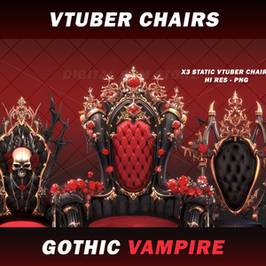 3x Vtuber Gaming Chair, Gothic vampire, red rose, romantic, assets, VTuber, horror, halloween, red, black, gold