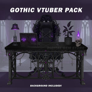 Gothic VTuber Room Asset Pack and Background | Witchy | Gaming Chair, Desk, Microphone | VTuber Props | Overlay - 2D Streaming Kit 