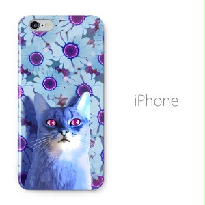 【送料無料】青い花と青い猫  iPhoneケース（ハードケース全面プリント）