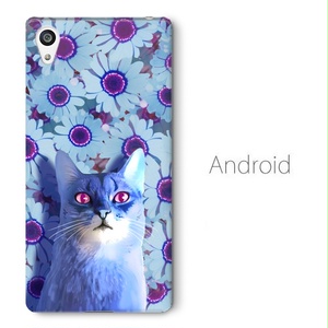 【送料無料】青い花と青い猫 Androidケース（ハードケース全面プリント）