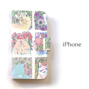【送料無料】淡い花猫 手帳型iPhoneケース