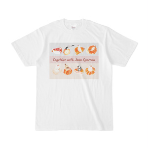 Java Sparrow 8羽の文鳥と食べ物Tシャツ