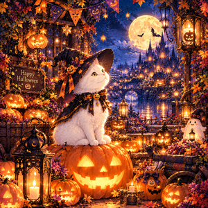 【無料配布】🌙 月夜の白猫_かぼちゃランタンの夜_ハロウィンデザインペーパー🎃