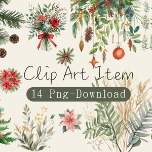 水彩画風 クリスマスボタニカル クリップアートセット｜全14種｜背景透過｜Canva AI制作｜おしゃれな冬の植物素材集（PDFダウンロード）