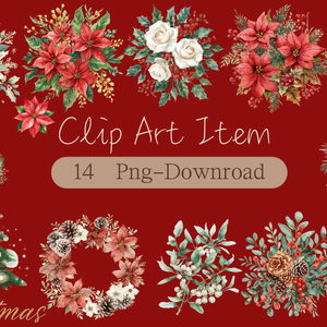 水彩画風 クリスマスフラワー クリップアート素材集（15種）｜透過PNG・PDFダウンロード可  Watercolor Christmas Floral Clipart Set (15 Designs) | Transparent PNG & PDF Download  