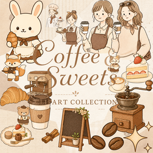 コーヒー＆スイーツ 水彩クリップアートセット カフェ バリスタ クロワッサン コーヒー ベーカリー PNG素材 ショップデザイン デジタルダウンロード