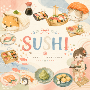 お寿司クリップアート素材集｜かわいい和食イラスト｜PNGデジタル素材
