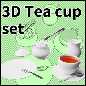 シンプルな西洋風・ティーカップ＆食器セット【3D小物】