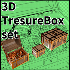 ファンタジー宝箱セット（開閉可動・金貨・金塊入り付）【3D小物・背景】