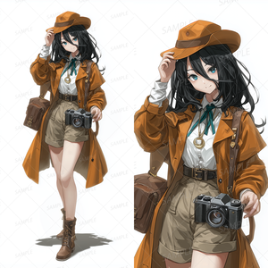 A0090：カメラを下げたトレンチコートの黒髪少女[立ち絵・縦画面]