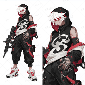 A0150：赤黒フードのライフルを持った白髪サングラス少年[立ち絵・縦画面]