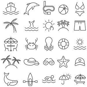 海とリゾートの線画アイコンセット