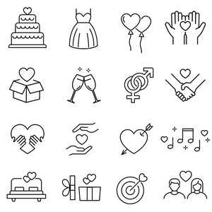 結婚と恋愛の線画アイコンセット