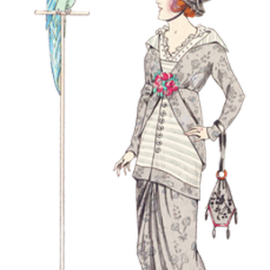 PNG画像：オウムに話しかける貴婦人 アンティークイラスト