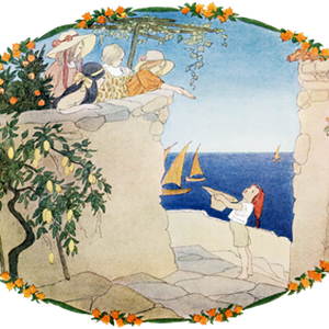 PNG画像：海辺の村の子供たち アンティークイラスト