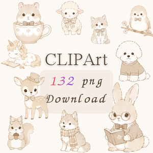 かわいい動物素材集 132種類｜犬、ねこ、うさぎ、りす、おおかみ、ハムスター、アルパカ、ことり、ユニコーン、ひつじ、鹿｜透明背景PNG｜水彩クリップアート