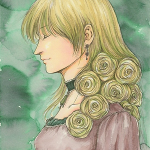 インク原画　005　薔薇の咲く髪（緑）