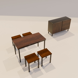 【VRChat対応】北欧フルーテッド家具セット Wenge&Steel|机・棚・スツール4脚 3Dモデル