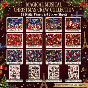 クリスマス デジタルペーパー セット、音楽をテーマにしたクリスマス・スクラップブック・ペ ーパー、ロック / ジャズ / クラシック / シャ ンソン、デジタル ステッカー、インスタント ダウンロード、JPG
