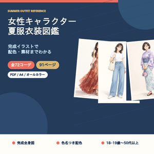 【全72コーデ・91P】女性キャラクター夏服衣装図鑑｜完成イラスト・配色・素材つき創作資料