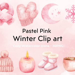 Cute Pastel Pink Winter Clipart ふんわり水彩・冬モチーフ素材セット（PNG）