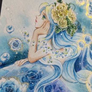手描きイラスト オリジナル 「花海の人魚」 原画 創作 女の子