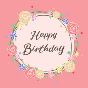 【クレジット表記不要の高解像度版】フラワーリースとカリグラフィーの「Happy Birthday」【ピンク】[High-res version with no attribution required] Happy Birthday, Calligraphy with Floral Wreath Illustration on Pink BG