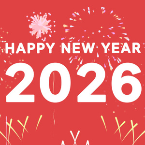 【動画素材】「Happy New Year! 2026」10秒カウントダウンと年越し打ち上げ花火のアニメーション素材【レッド背景】[Stock Video] Happy New Year 2026, 10-Second Countdown and Fireworks Animation on Red Background