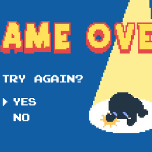 【動画素材】ファミコン風かわいいドット絵のゲームオーバー【ブルー背景】[Stock Video] 8-Bit Pixel Art Game Over Screen on Blue Background